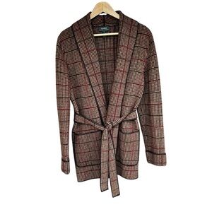 Vtg Ralph Lauren Brown Houndstooth Plaid Belted Cardigan Small Wool Academia